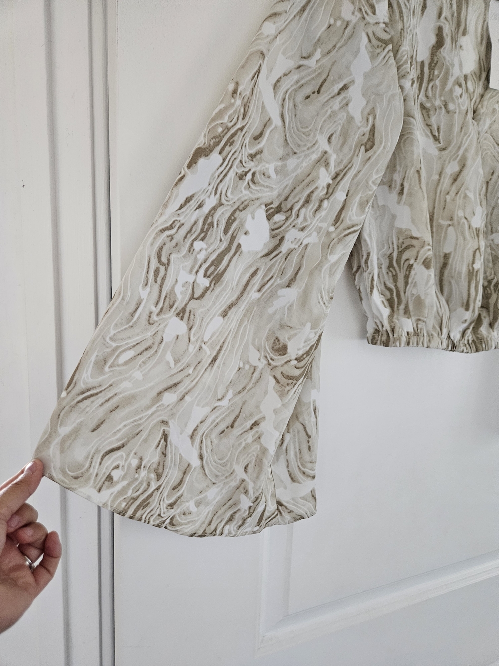 12th Tribe X The Salty Blonde Marble-Print Semi-Sheer Blouse in Beige - Picture 3 of 5